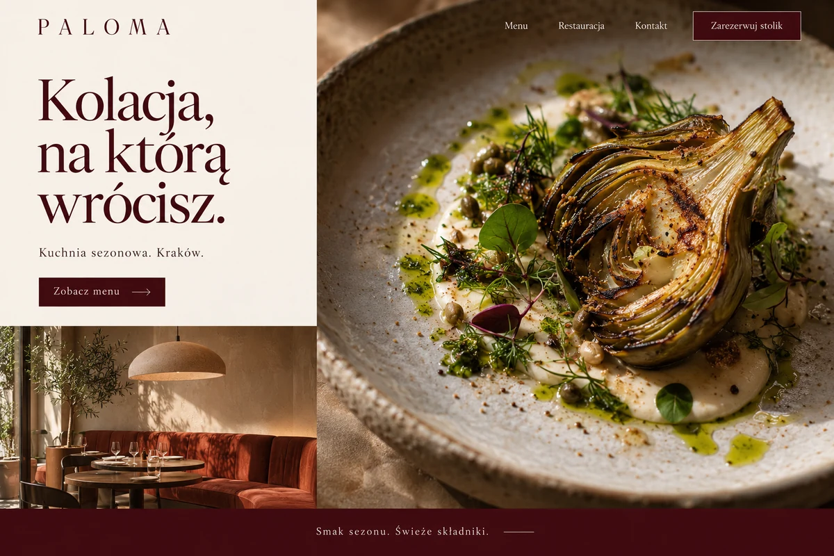 Autorska koncepcja strony restauracji: nawigacja, menu i rezerwacja stolika.