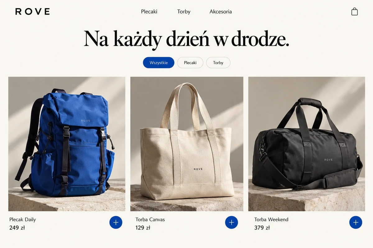 Autorska koncepcja sklepu z torbami: kolekcja, filtry, karty produktów i ceny.