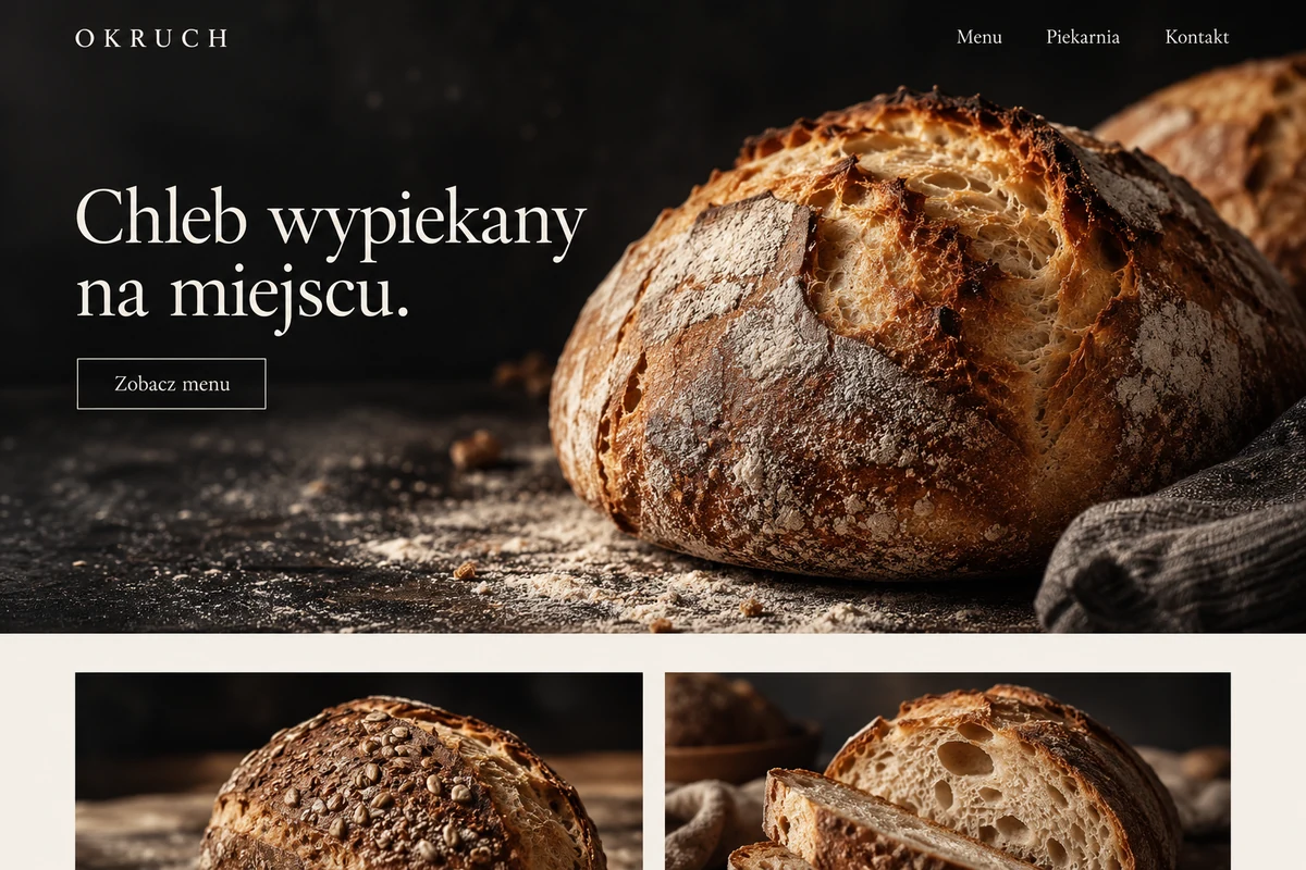 Autorska koncepcja strony piekarni: nawigacja, oferta, fotografia i przycisk do menu.